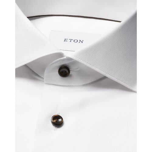 Eton Contemporary Fit - White Solid Brown Buttons Signature Twill Shirt